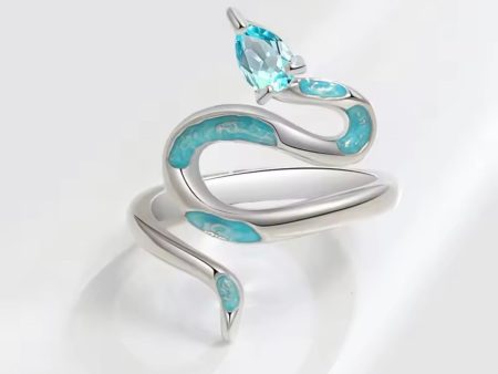 925 Sterling Silver Drip Glue Cyan Snake Ring For Discount