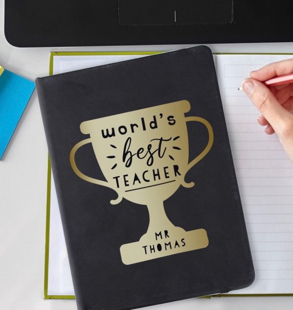 Worlds Best Teacher Trophy Black Hardback Notebook For Cheap