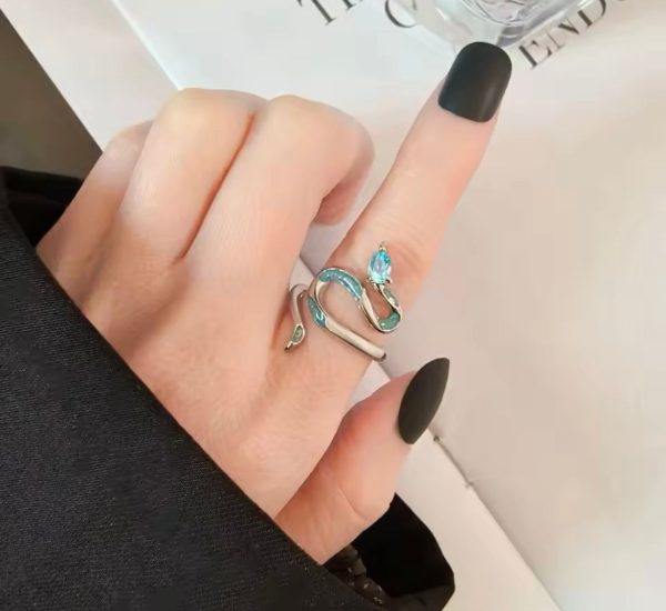 925 Sterling Silver Drip Glue Cyan Snake Ring For Discount