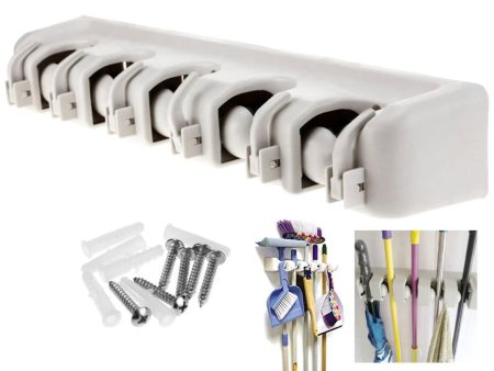 WALL MOUNTED 5 RACK KITCHEN STORAGE MOP ORGANIZER HOLDER BRUSH BROOM HANGER SET For Sale