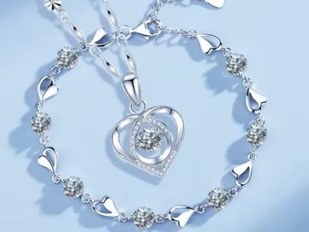 925 Sterling Silver Heart Shaped Necklace Bracelet Set Fashion