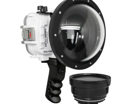 60M 195FT Waterproof housing for Sony RX1xx series Salted Line with Aluminium Pistol Grip & 6  Dry Dome Port - Surf (White) For Sale